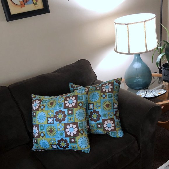 ✨ Vintage Retro Mod 1970s Blue Green Flower Power Floral Throw Pillow - Picture 5 of 8